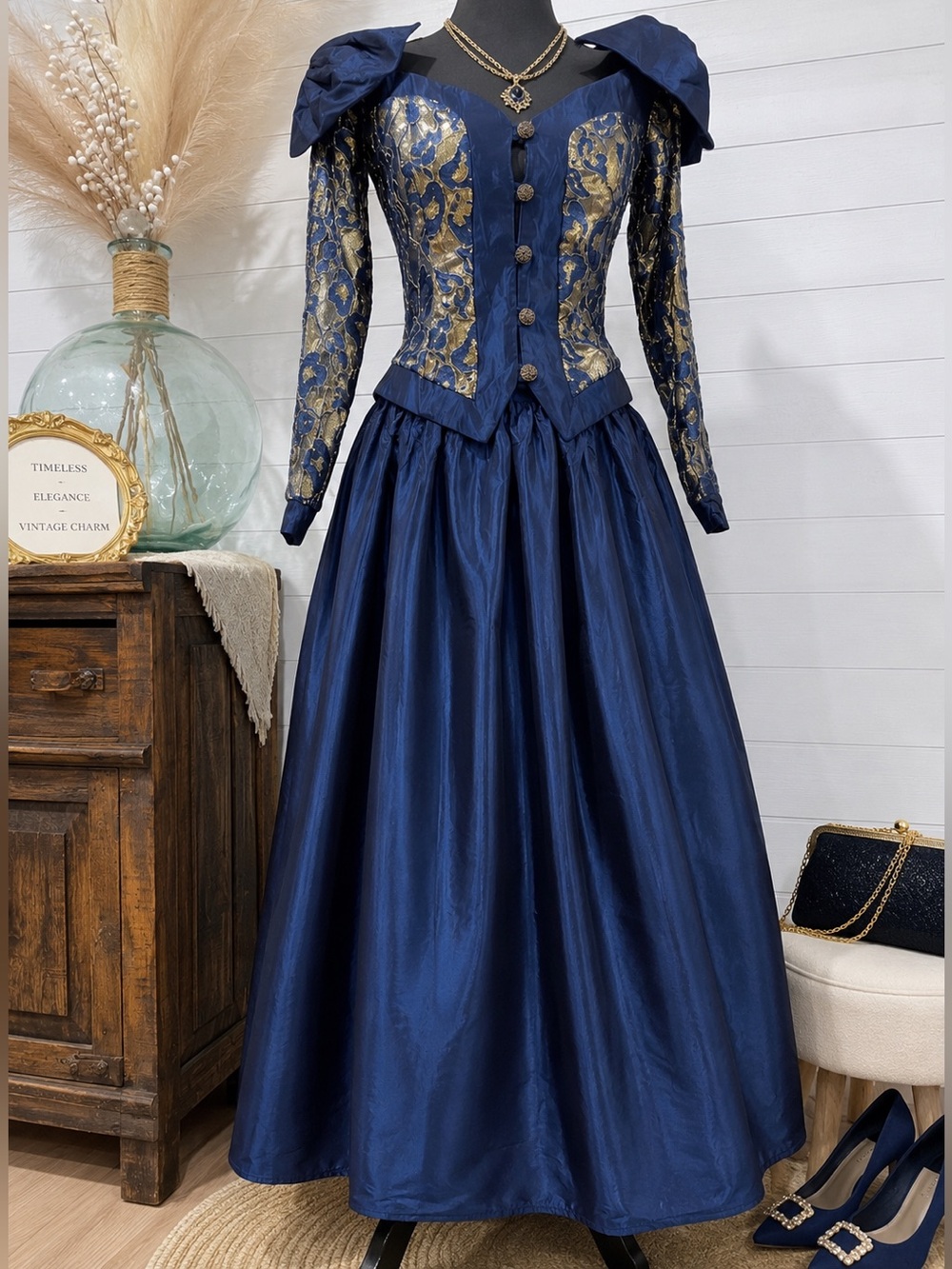 RARE Jessica McClintock Vintage Blue and Gold Blouse Full Length Skirt Set